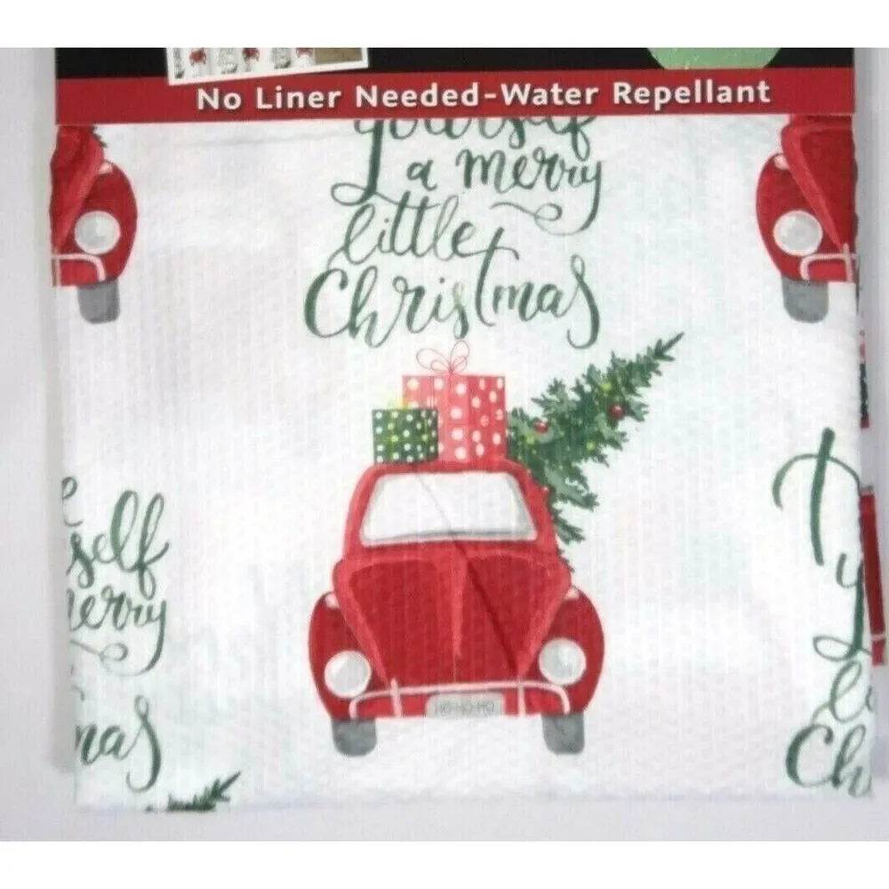 Volkswagen Beetle Car Shower Curtain Christmas Tree Fabric Red Green White Bath
